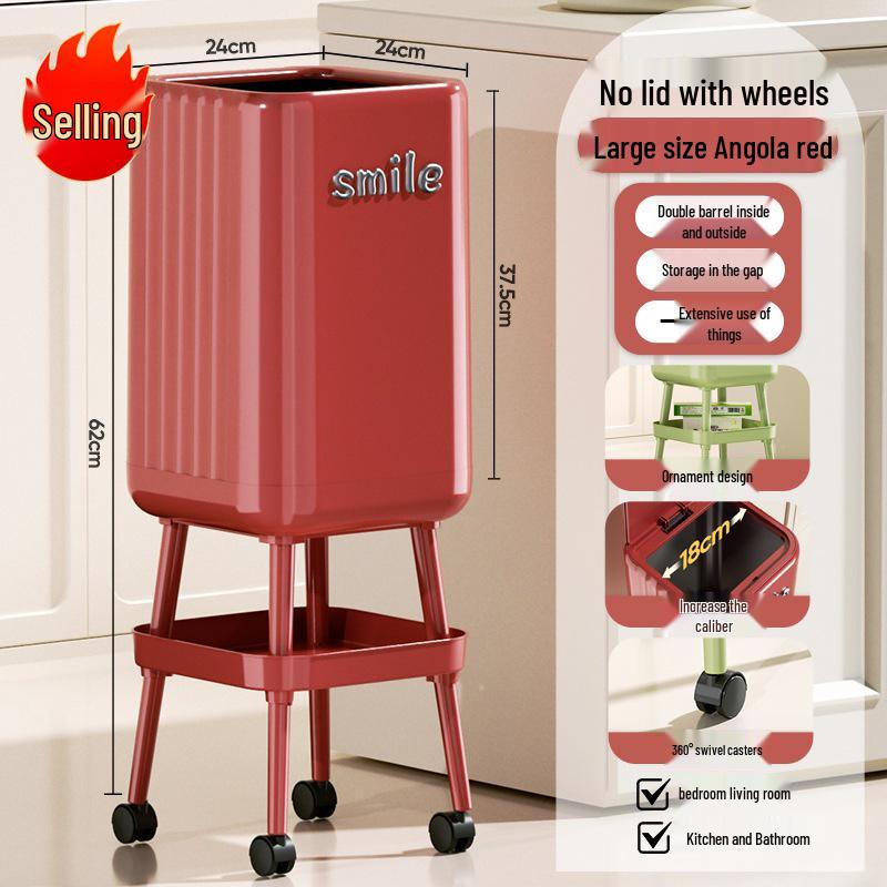 High-End Wheeled Trash Can with Lid: No-Bend, Press To Open, Light Luxury Design for Kitchen & Living Room