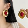 Vintage Red Resin Large Geometric Metal Stud Earrings for Women European American Personality Exaggerated Party Heavy Jewelry