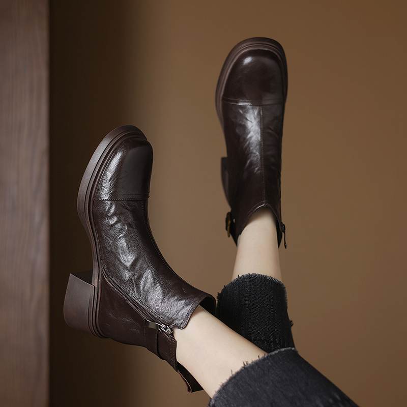 Krazing Pot Sheepskin Round Toe Thick Heels Chelsea Boots Size 42 High Quality Women Keep Warm Metal Buckle Ankle Boots