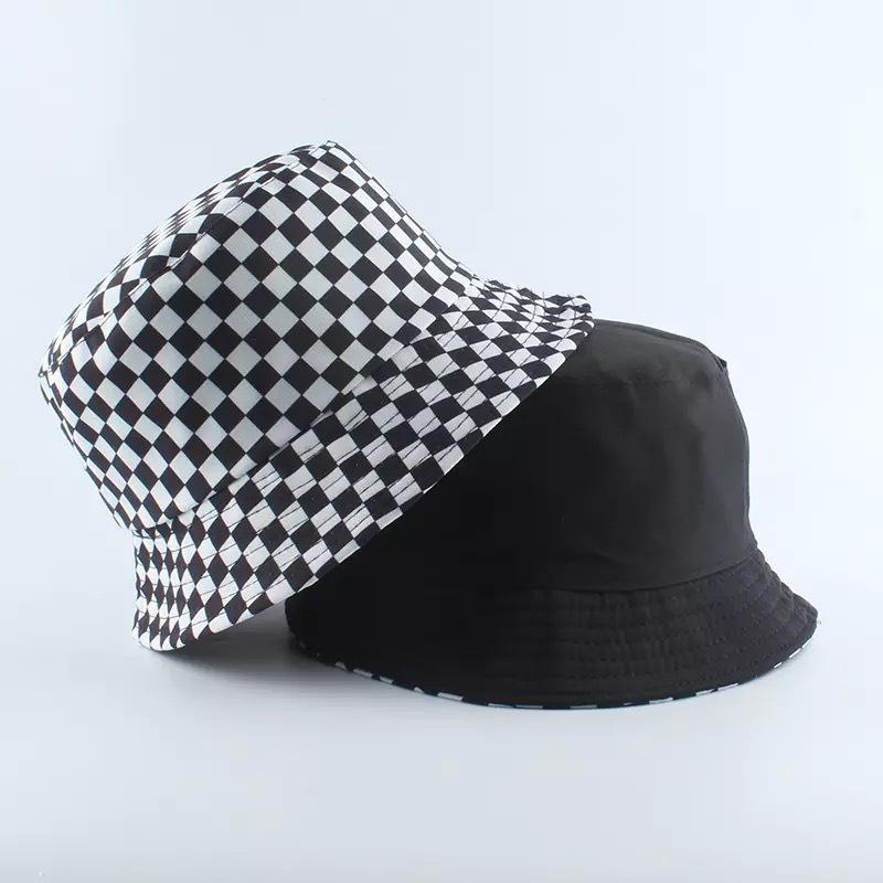Chessboard Hat Plaid Sun Protection Bucket Hat Trendy Brand Female Hip Hop Street Black and White Folding Sun Hat