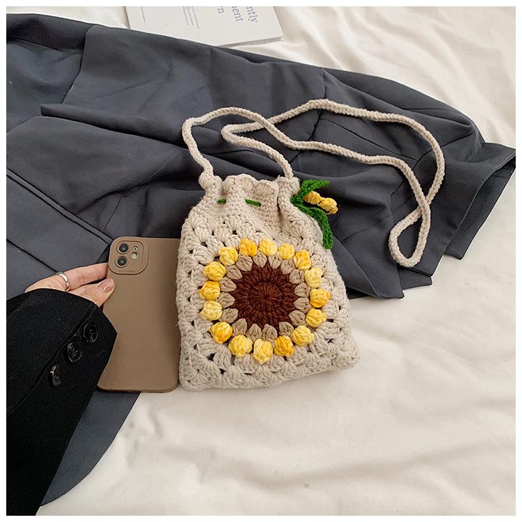 Handmade Crochet Sunflower Phone Crossbody Bag For Women, Cute Knitted Lightweight Cell Phone Purse Drawstring Pouch For Daily Commute