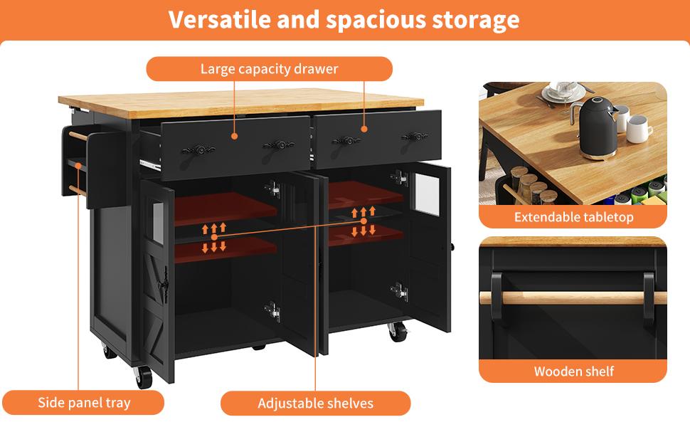 Isola da Cucina, Carrello da Portata Multifunzionale, Ampio Spazio di Archiviazione, Mobile Buffet Mobile, Incl. Freni e Scomparti Regolabili, Nero