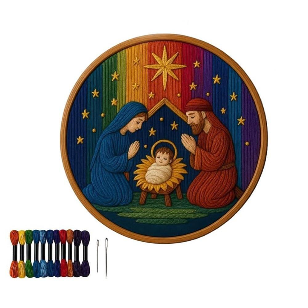 DIY Material Nativity Embroidery Set Pre-printed Pattern on Cloth with EN Instructions, Thread Christmas Embroidery Kit