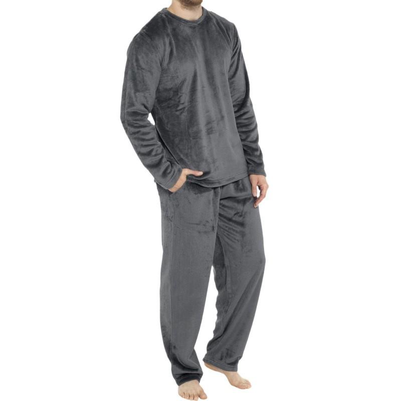 Mens Flannel Pajama Set Round Neck Long Sleeve Pants Soft Warm Loungewear Young Men