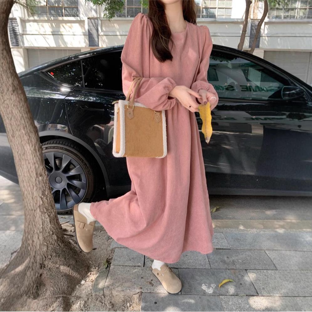 

Corduroy dress women s spring new foreign style waist lantern sleeves lady A-shaped skirt loose long dress S розовый