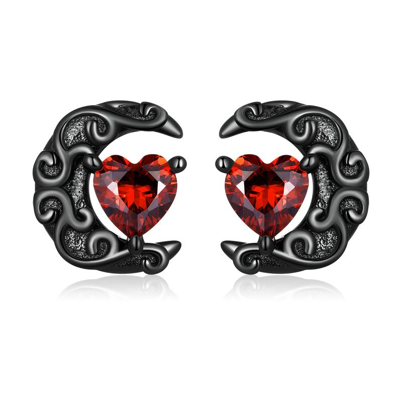 WOSTU 925 Sterling Silver Punk Black Gold Heart Red CZ Stud Earrings For Women Moon Ear Studs Halloween Collection Jewelry Gift