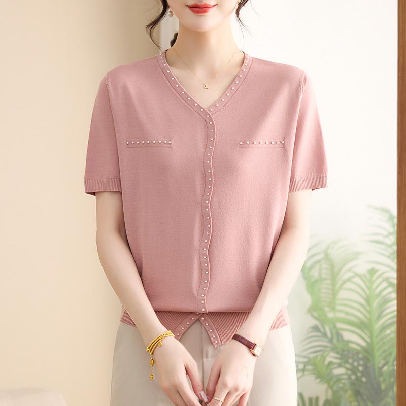 

Petite Hollow Ice Silk Short-Sleeve T-Shirt for Young Mothers - Age-Reducing Summer Knit Top for Middle-Aged and Elderly Women XL (105-120 jin)