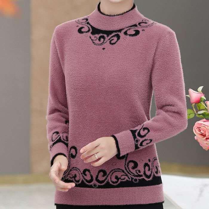 Women's Thick Faux Mink Fleece Sweater Autumn Winter Long Sleeve Printed Knitted Pullover Sweater Loose Warm Stretch Knit Sweater