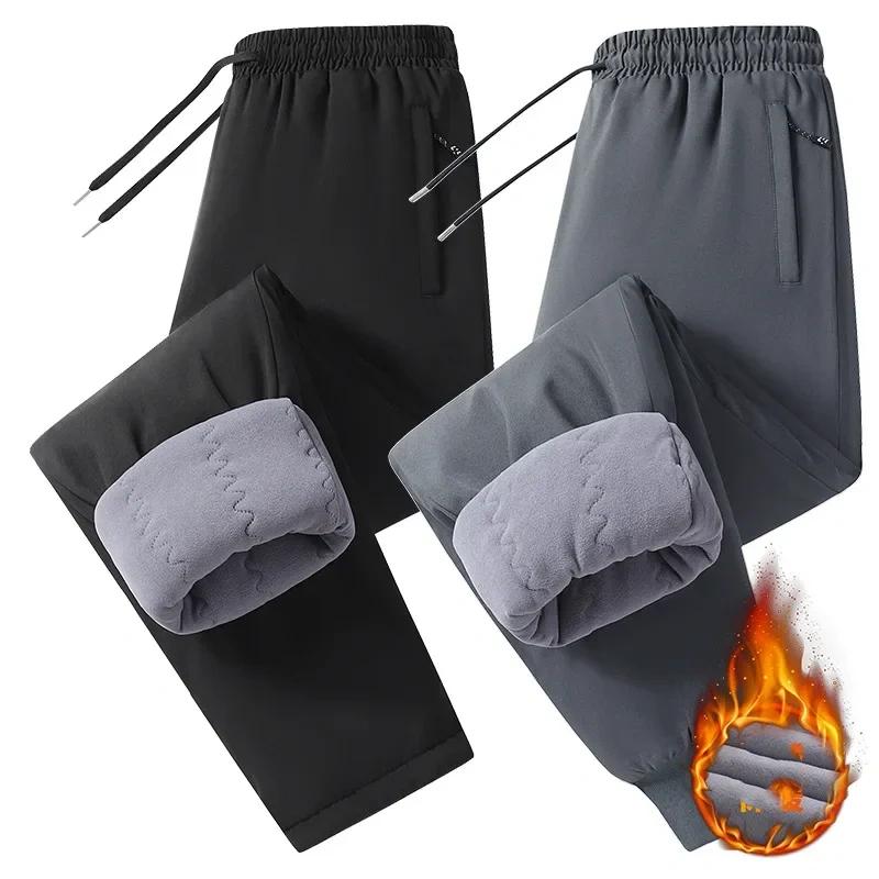Große Herren Winterhose Fleece Samt Plüsch Hose Männlich Thermisch Dick Warm Winddicht Reißverschlusstasche Freizeit Jogginghose Übergröße