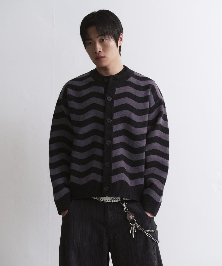 Untitled Seoul Striped Wave Knit Cardigan Black
