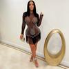 Women Long Sleeve Transparent Diamonds Party Dress Birthday Outfits Sexy Clubwear New Chic Tassel See-Through Night Dress