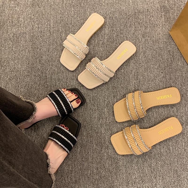 Fairy Wind Pleated Rhinestone Cool Slippers Female Summer New Outer Wear Square Head Flat Bottom One-word Slippers Large Size Cool Slippers
