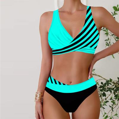 Women's Swimwear Bikini 2 Piece Swimsuit Backless Halter Beach Wear Blue and Black Diagonal Stripes Print Bathing Suits Hanging Neck Swimsuit