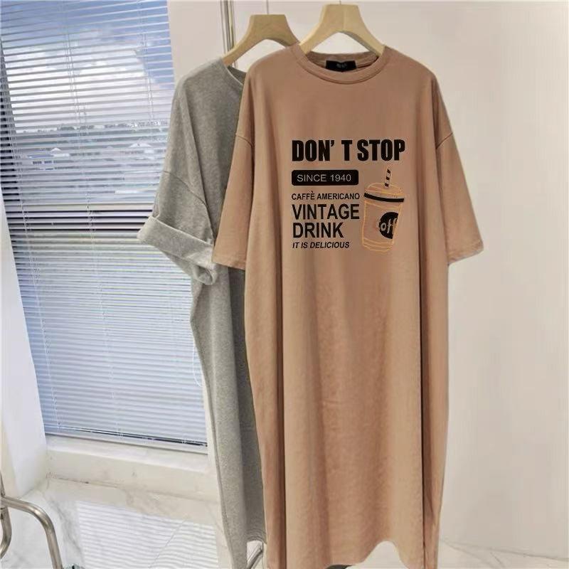 Korean version short-sleeved dress women's summer large size loose medium and long knee T-shirt skirt versatile casual split-ended long dress