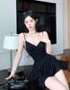 Black halter strap V-neck ballet skirt women's summer vacation sexy niche pleated suspender split culottes