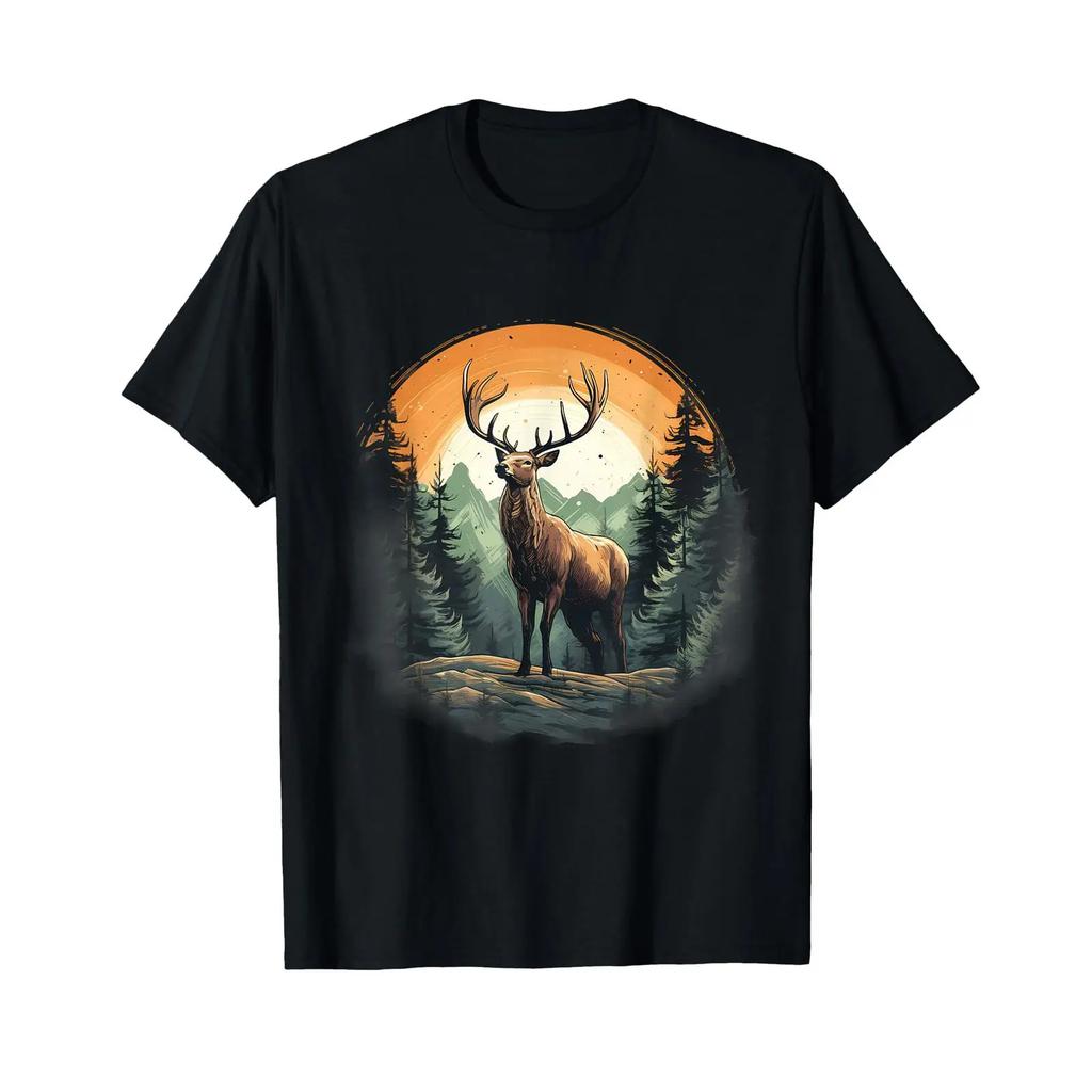 Deer Nature Motif Animal Lovers Landscape Wild Animals Forest T Shirt Black Vintage Washed Stretched Breathable Comfortable