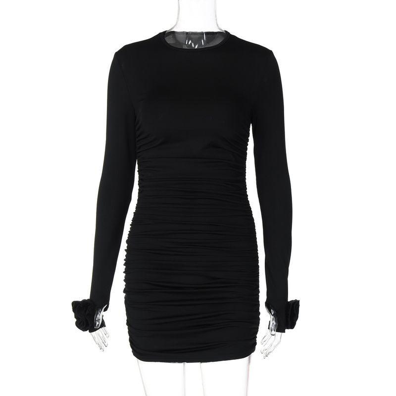 

Side Pleated round Neck Long Sleeved Dress Side Pleated round Neck Dress Black L