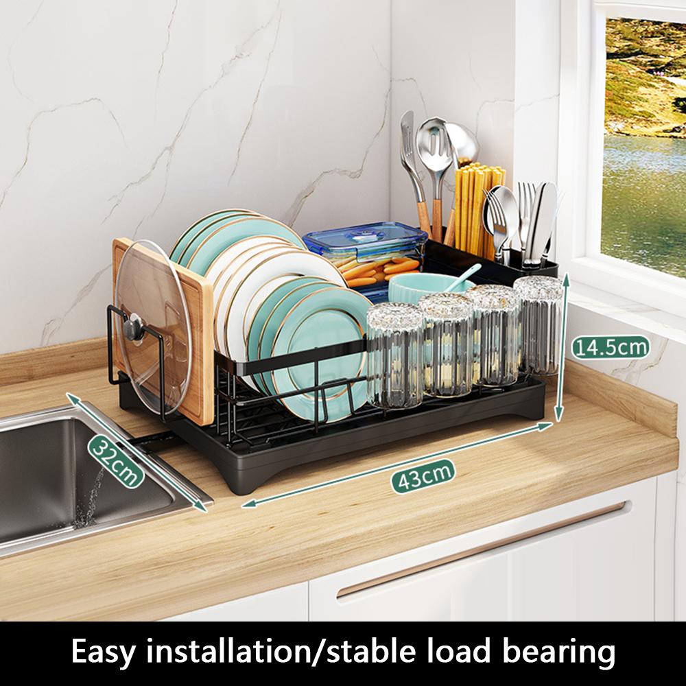

Dish Drying Rack Kitchen Counter Carbon Steel Strainer with Cup Holder+Chopstick Holder+Cutting Board Rack Type A