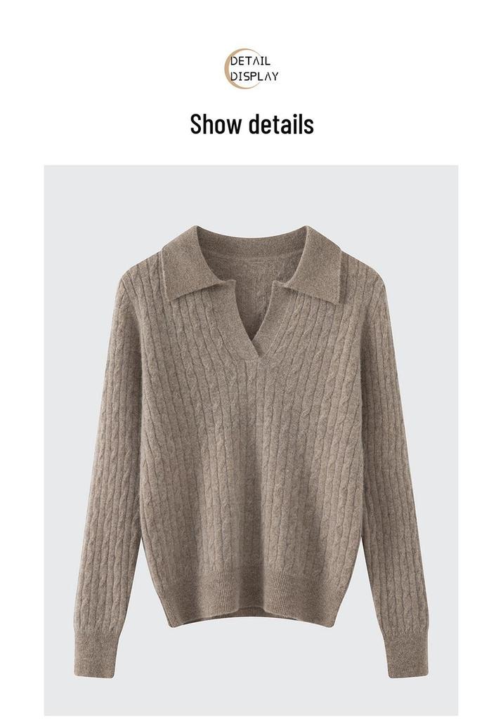 Women's Slim Fit French Polo Collar Long Sleeve Silk-Cotton Knitted Sweater.