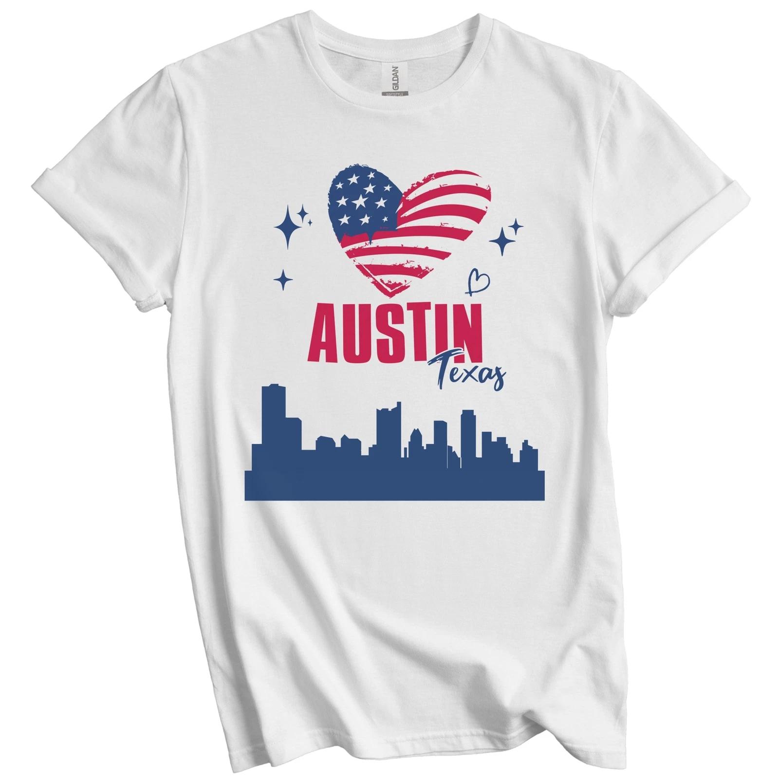 Austin Texas Skyline American Flag Heart 4th of July T-Shirt S