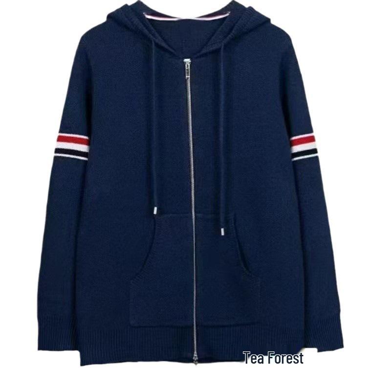 Unisex Trendy Academy Style Wool Hooded Cardigan with Double Sleeves & Color Stripes
