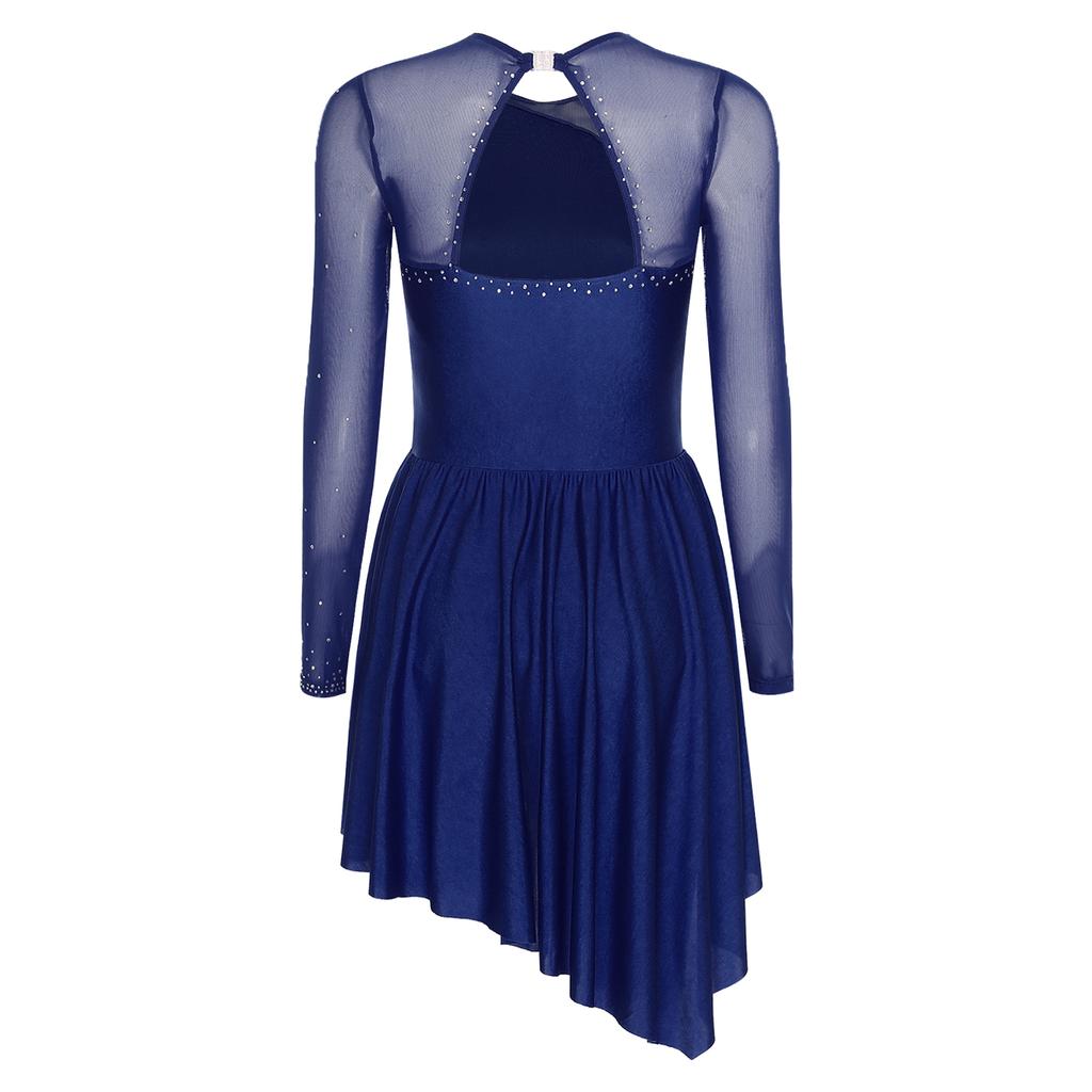 Damen Funkelnde Strasssteine Tanzkleider Cut-out Rücken Kontrastfarbe Netz Langarm Asymmetrischer Saum Kleid