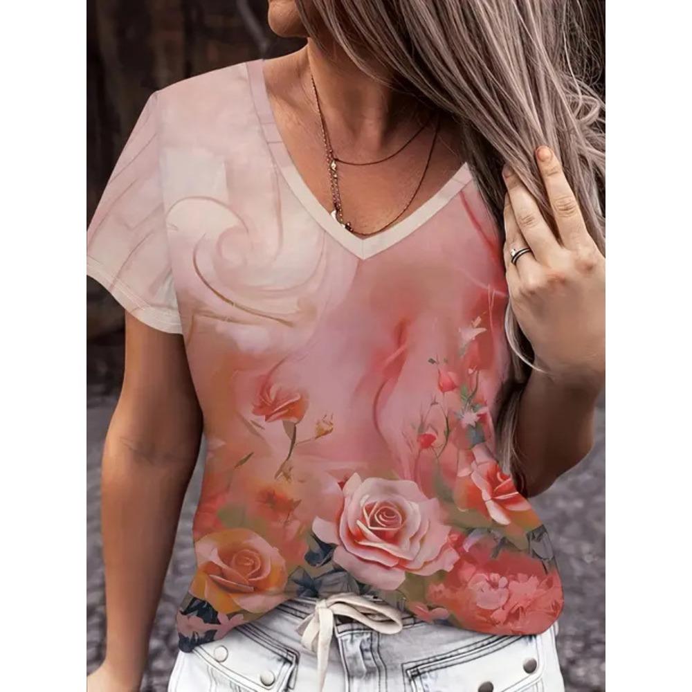 Women s 3D Printed Floral Floral Loose-fitting Casual Short-sleeved T-shirt 100
