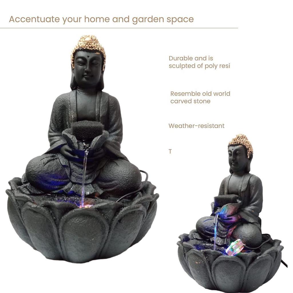 Buddha Statue Water Fountain for Living Room Home Decor Decoration Table Top Indoor Outdoor Gift Gifting Items, 14 Inches / 35cm (14inches, Black)