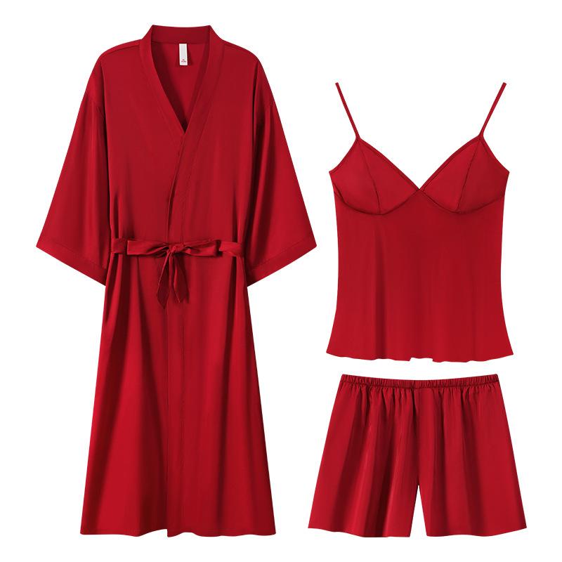 Sexy small suspender shorts nightgown newlywed three-piece set couple spring and autumn ice and snow silk long-sleeved lapel pajamas men