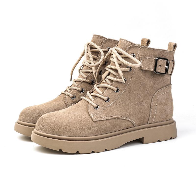 New Martin women's British frosted leather women's medium heel flat short women's lace-up leather