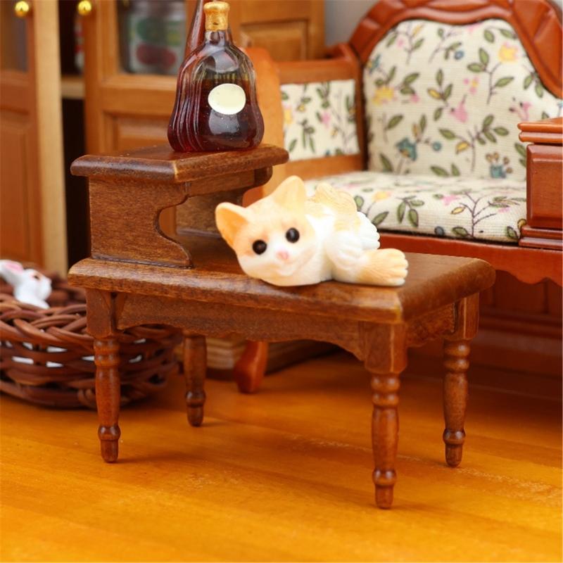 Vintage 1/12 Dollhouses Miniature Wood Coffee Table Two Tiers Side Desk for Living Room Decoration Model Scene Decors