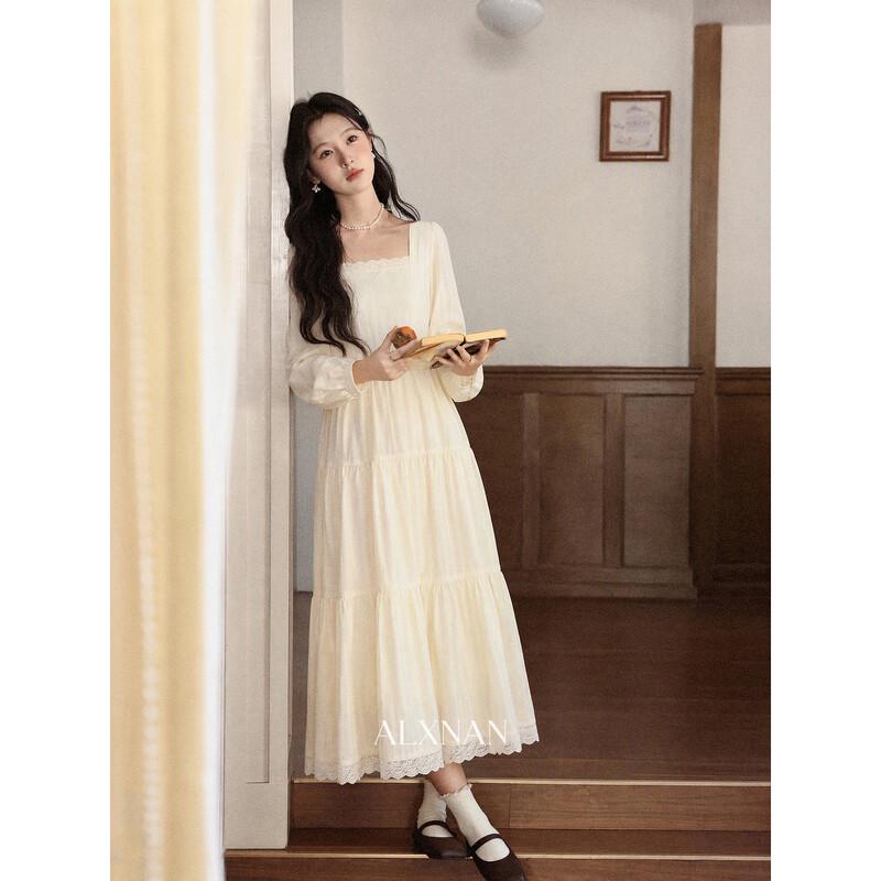 Luxiangnan French Style Beige Square Neck Long Sleeve A-Line Dress
