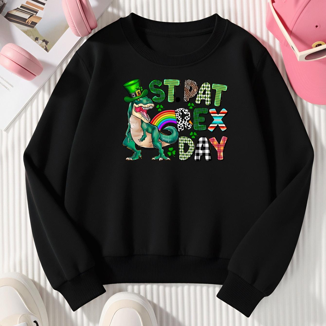 Kids Crewneck Long Sleeve Sweatshirt,St Patrick Dinosaur Rainbow Clover Hat Print 110