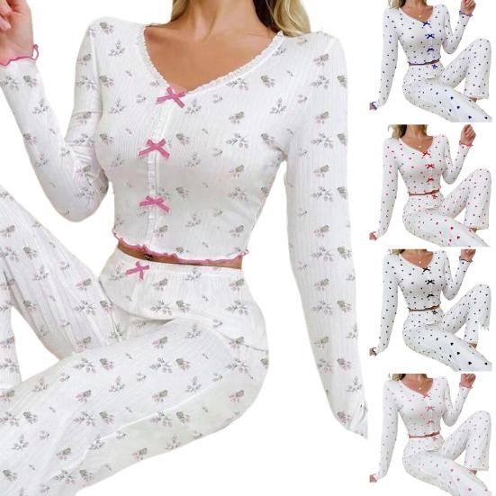 Yousheng Women Lace Trim Pajama Set Long Sleeve V-Neck Front Button Tops Full-Length Pants Sleepwear Nightwear