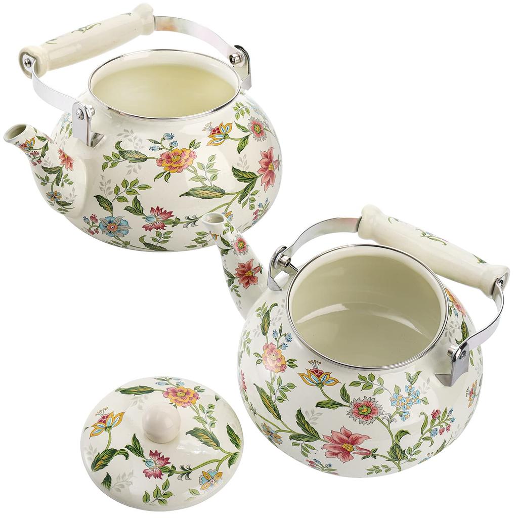 2.5 Quart Vintage Enamel Tea Kettle Green Floral Enamel on Steel Teapot with Handle for Stovetop Home Afternoon Tea Set Kettle