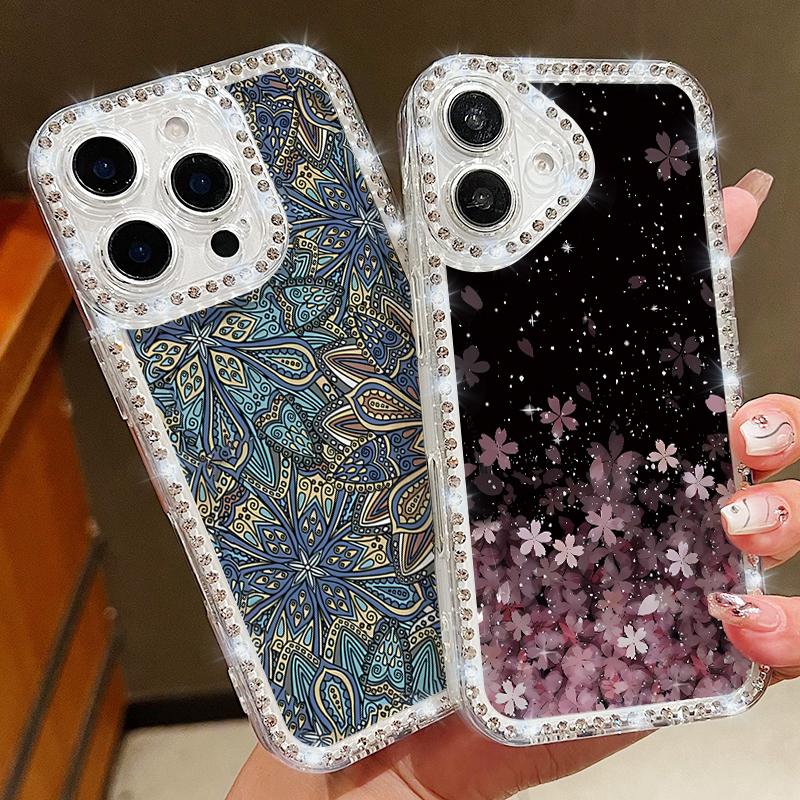 Crystal Diamond Oil Painting Flower Clear Case For iPhone 16e 16 14 15 Pro Max 13 12 Pro Max 11 Soft Silicone Phone Cover Coque