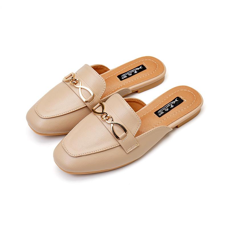 Modevarumärke Metallkedja Mules Skor Kvinna Täckta Tår Tofflor Damer Flipflops Flats Sandaler Casual Slip On Slides Halkfria Pantuflas