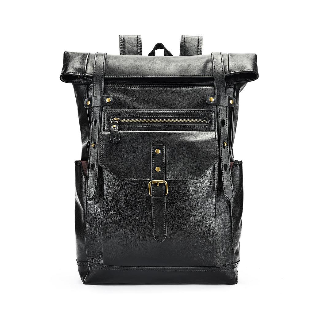 Men's Crazy Horse Leather Backpack - Genuine Leather Retro Large Capacity Double Shoulder Bag for Outdoor Travel, Mountaineering, and School.