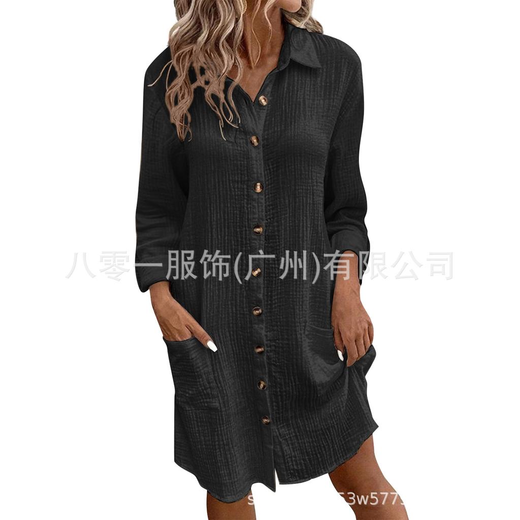 Women's Lapel Long Sleeve Shirt Dress Solid Color Linen Cotton Single Breasted Midi Casual Dress With Pockets