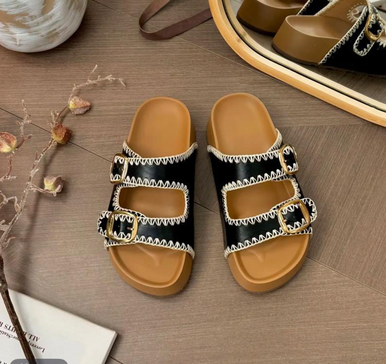 

2025 summer fashion Korean version of simple design sense outside wear thick bottom metal buckle leather surface Internet celebrity Birkencool slipp 35