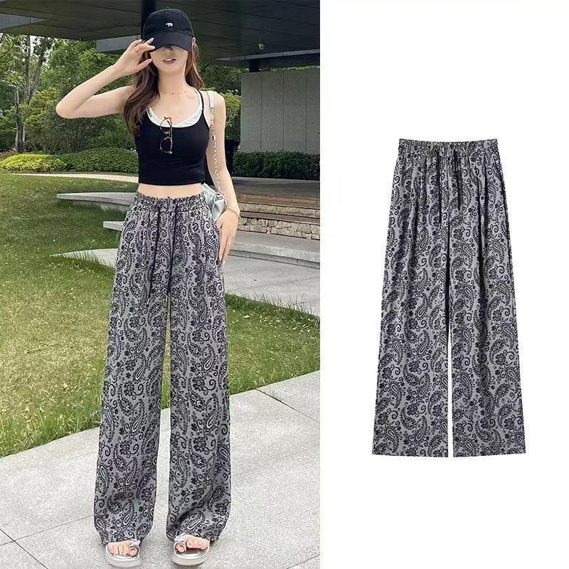 Retro Jacquard Wide Leg  Women New Summer Collection Lazy High Waisted Drape Loose Straight Leg Slim Pants
