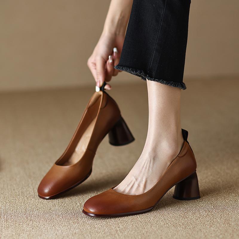 Fashion 2024 New Spring Women Shoes Sheepskin Leather Shoes Women Pumps Square Toe Chunky Heel  Women High Heels Retro