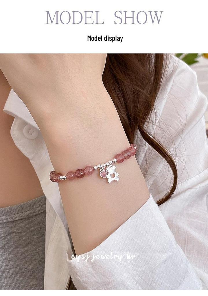 Cui Yan S925 Sterling Silver Korean Style Strawberry Crystal Bowknot Bracelet, Sweet and Layered Heart Design for Women.