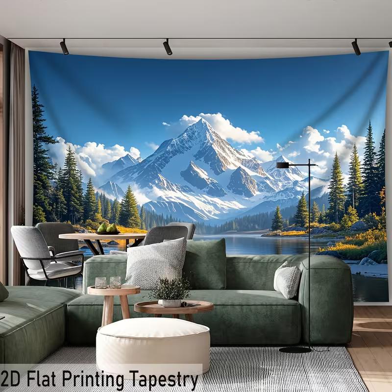 Snowy Mountain Lake Nature Tapestry, Forest Pine Tree Landscape Wall Hanging Tapestry for Home Decor