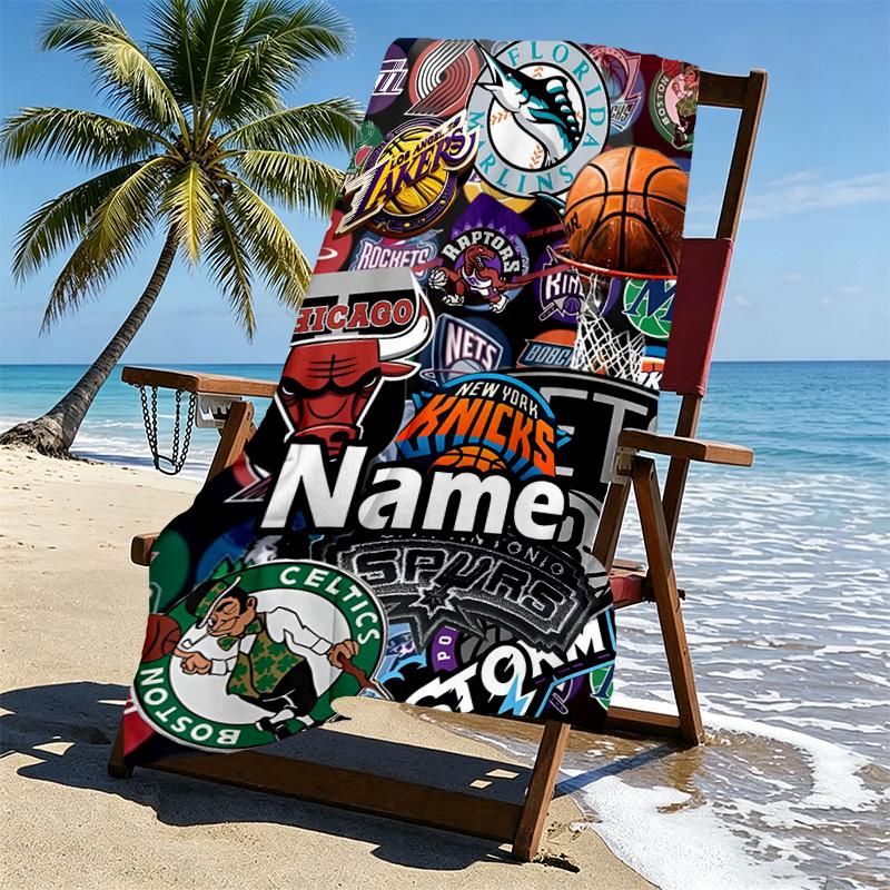 Custom Name Personalized NBA Print Beach Towel, for Trip Camping Beach Party Home Decor, Birthday Gift for Family & Friends