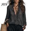 Dressy Casual Blouse Women Ruffle V-Neck Top, Solid Color Long Sleeve Pullover Shirt, Retro Pleated Loose for Autumn V-neck Top