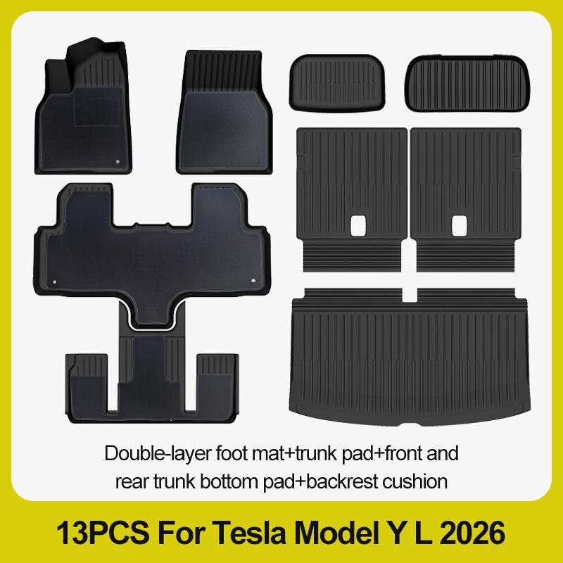 Tapis de sol 6 places pour Tesla Model Y L 2026+, tapis de coffre TPE 3 rangées, housse de siège arrière, doublure de coffre avant, plateau de