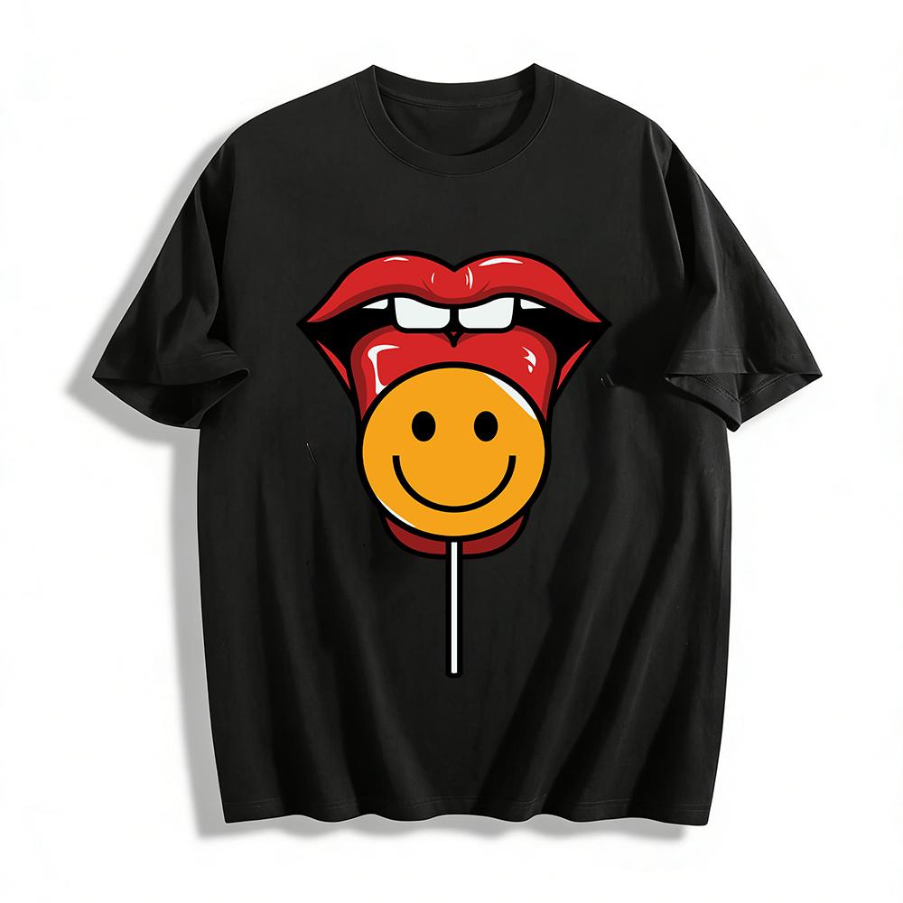Funny Smile Lollipop Tongue Print Casual T-Shirt Pure cotton T-shirt XXS