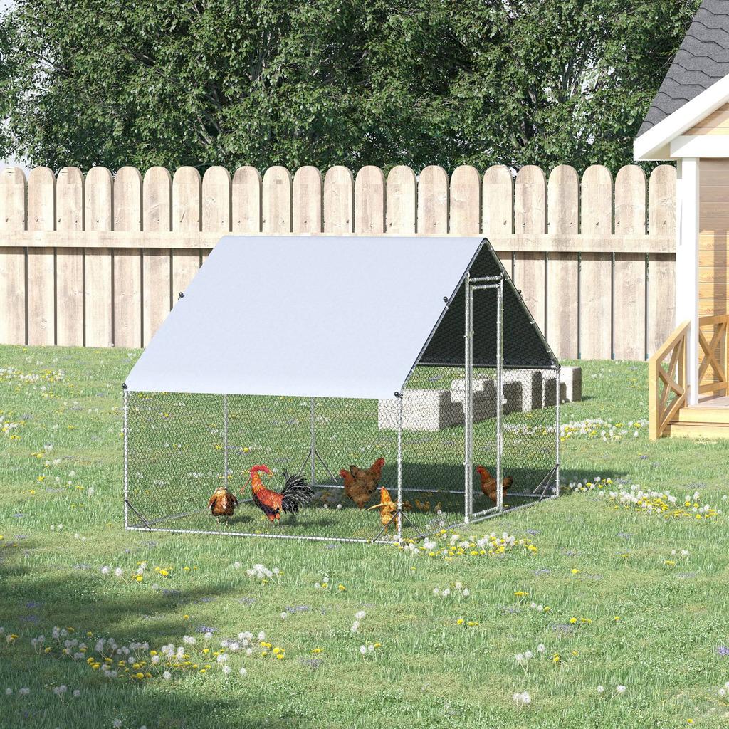 Garden Chicken Coop for 12-18 Chickens with Galvanized Frame and Waterproof Cover, 3x2x2 M, Silver
