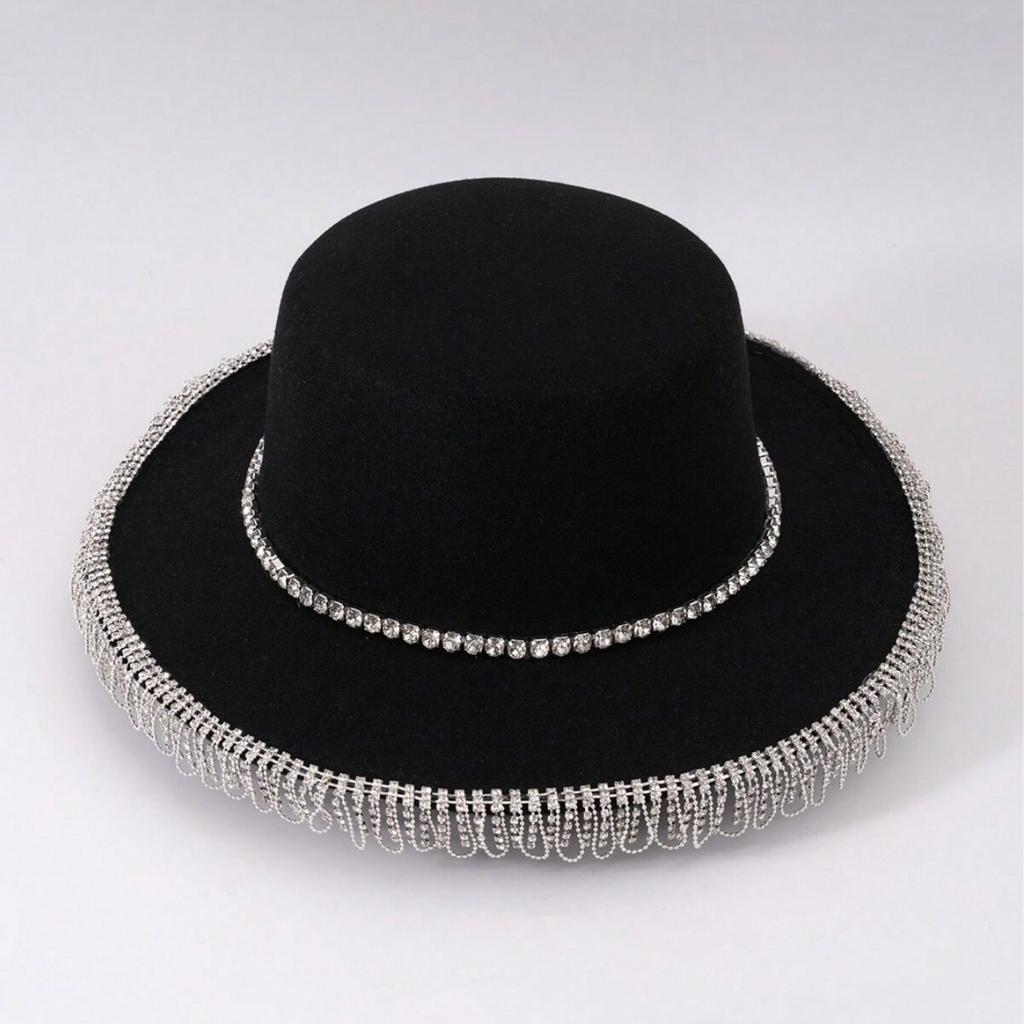 Women's Wedding Cowboy Hat Wide-brimmed Curved Design with Rhinestone Fringe Decorative Woolen Top Hat
